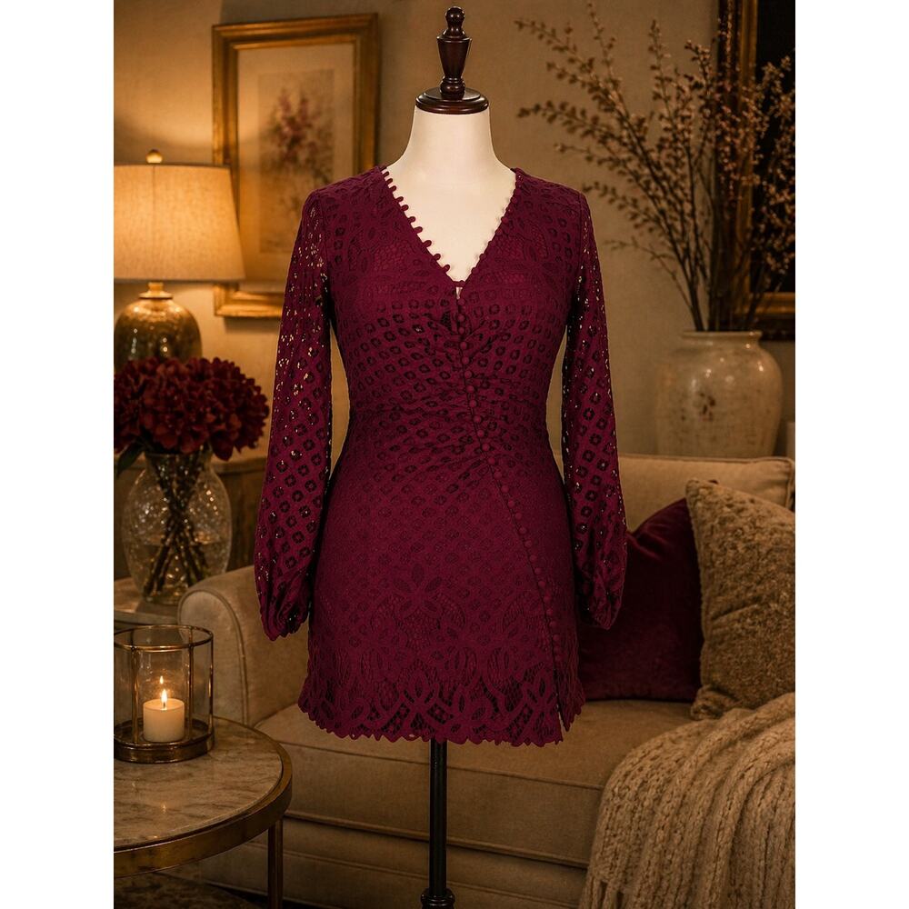 Bardot Burgundy Lace Dress V Neck Long Sleeve Lined Mini Size Large Romantic